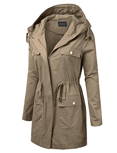 DRESSIS Women's Woven Hooded Cotton Utility Jacket With Drawstring Waist Khaki 2XL