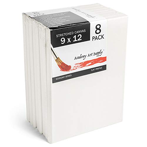 Academy Art Supply 9x12" Stretched White Blank Canvas, Value Pack of 8, Primed, 100% Cotton for Painting, Acrylic Pouring, Oil Paint & Wet Art Media, Canvases for Artist