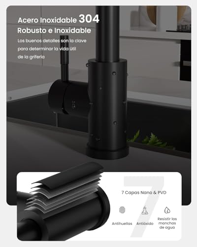 APPASO Grifo de cocina en cascada con rociador extraíble, grifo de cocina negro con rociador 3 modos, grifo mezclador de fregadero de cocina giratorio 360° de acero inoxidable SUS304 (Negro Mate)