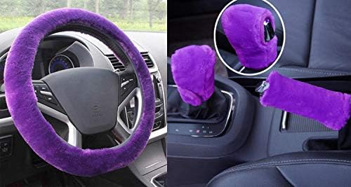 IBAIOU Universal 3Pcs Set Plush Steering Wheel Cover for Women Faux Wool Hand Brake Cover&Gear Cover Set Warm Winter car Styling Interior (Purple for Automatic)