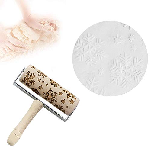 FEINASU New Design Wooden Christmas Embossing Pattern Rolling Pin, Laser Engraved Pastry Pizza Baking Roller Pin for Christmas Cookies Baking Non Stick(Christmas Snowflake)