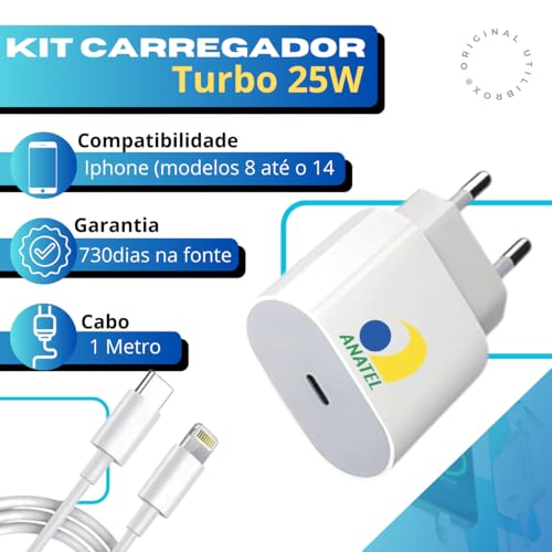 UTBRX Carregador 25w Turbo Compativel c/I.Phone 8 X Xr 11 12 13 14 Pro Max Fonte USB C Homologado Cor Branca Premium