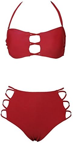 Faerdasi Sexy Women Bandage Bikini Set Push-up Bra High Waist Swimwear Cut out Vintage Two Pieces Swimwsuit , Red , Large