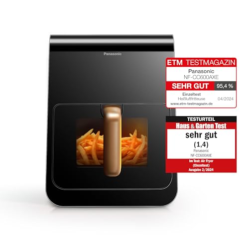 Panasonic NF-CC600AXE Air Fryer mit Sichtfenster, 6 l, 80–200 °C, digitaler Timer & LCD-Display, sanfte Dampfzugabe, 11 Voreinstellungen, einfache Reinigung, Schwarz mit Griff in Roségold