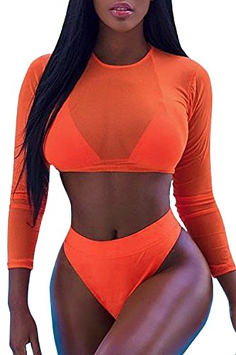 Libaoge Womens Sexy High Waist Mesh Crop Top Swimwear Long Sleeve 3PCS Swimsuit Orange/Black/Army Green