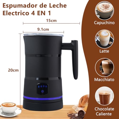 Espumador de Leche Electrico 4 En 1, 430ml Calentador Eléctrico Acero Inoxidable para Leche Caliente con Batidor Vaporizador Automática para Espuma Fría y Caliente Café Latte Capuchino Chocolate, 400W