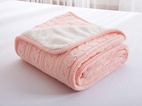 Summer Knit Throw Blanket, Fashion Handmade Twist Crocheted Sleeping Cover Blanket with Sherpa Lining (Pink, 47.25×70.86 Inches)
