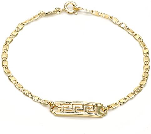 14K Gold Plated Women ID Bracelet, Greek Key & Mariner/Gucci Style, 6mm Wide, 8 In.