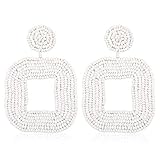 Statement Beaded Hoop Earrings, Drop Dangle Square Earrings Bohemian for Women Girl Novelty Fashion Summer Accessories -VE133 White