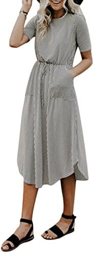 Yissang Women's Casual Striped Short Sleeve Irregular Long Dresses With Pockets Black White Medium