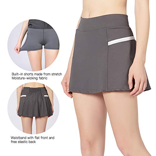 POSHDIVAH Athletic Grey Skorts for Women Pleated Back Girls Tennis Skirts with Pockets Casual Golf skortssize L