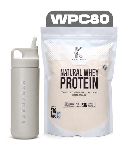 KARDAGAR Whey Protein Natural Concentrado WPC80 1Kg y Vaso Shaker Beige 550ml 16.4g Proteina Sin Sabor en Polvo 1.5g Carbohidratos por porción Sin Edulcorantes ni Aditivos Apoyo al Desarrollo Muscular