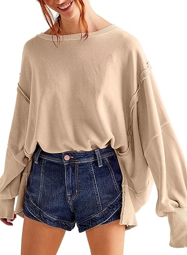 JOKELUCK WOMENS WARM FALL OVERSIZED SWEATSHIRTS LIGHTWEIGHT CREW NECK LONG SLEEVE SOFT CUTE FASHION WEAR KHAKI SMALL