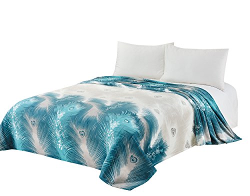 CaliTime Super Soft Throw Blanket for Bed Sofa Couch, Cozy Warm Flannel Fleece Luxury Peacock Feathers, Teal Grey, Queen