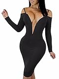 BEAGIMEG Women's Sexy V Neck Long Sleeve Bodycon Midi Party Club Dress, Black, Small