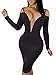 BEAGIMEG Women's Sexy V Neck Long Sleeve Bodycon Midi Party Club Dress, Black, Small