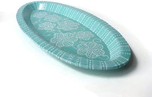 Long Oval Tray with Doodle Design - Turquoise White