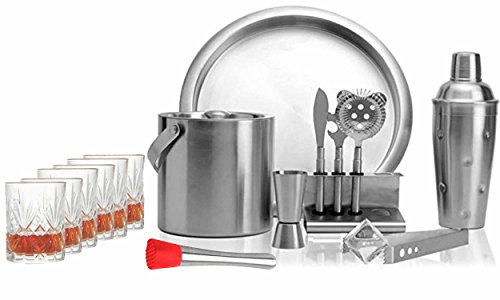 King International Stainless Steel Bar Set, Bartender Kit Cocktail Shaker Set of 15 Piece | Silver | Bar Tool Set with Cocktail shaker bottle, Jigger, Ice Bucket, etc. Champagne Bucket-Complete Bar tool set for Home bar accessories