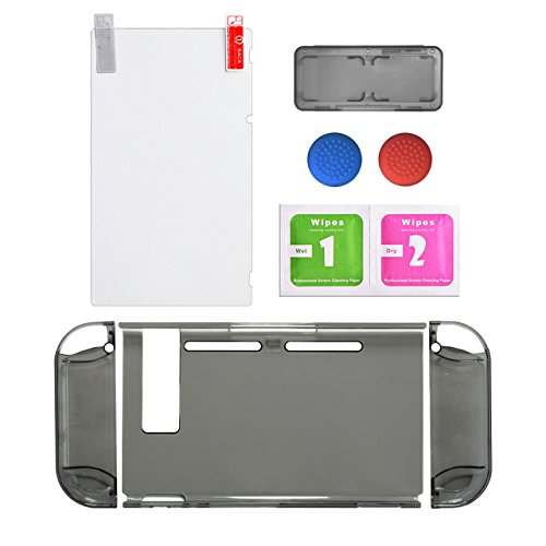 Protective Accessories Bundle,Screen Protector for Nintendo Switch Replacements Thumb Caps for Nintendo Switch Joy-con with Neon Blue /Neon Red(Clear Black Color)