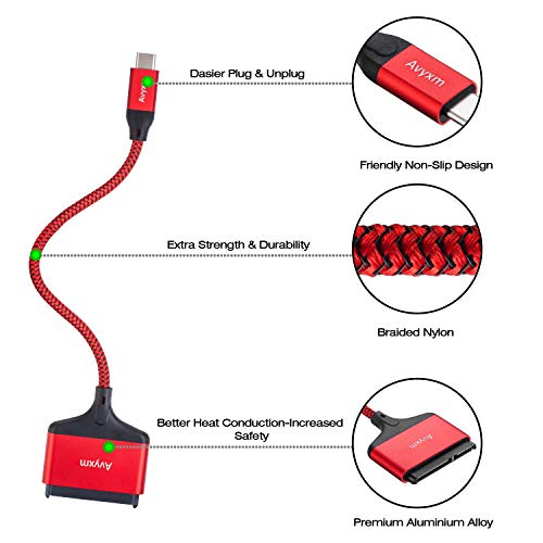 SATA to USB C Adapter Cable, Avyxm USB 3.0 SATAIII Hard Drive Adapter Cable for 2.5 Inch SSD & HDD Support UASP Aluminum Shell & Nylon Braided USB 3.0 to SATA Converter Cable