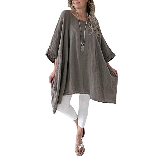 Women\'s Linen Blouse Tunic Tops - Fashion Summer Loose Fit T Shirt Dark Kaki X-Large