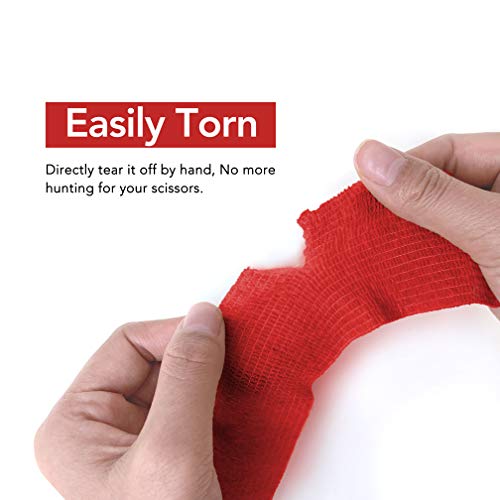 Cohesive Bandage 2" x 5 Yards, 6 Rolls, Self Adherent Wrap Medical Tape, Adhesive Flexible Breathable First Aid Gauze Ideal for Stretch Athletic, Ankle Sprains, Swelling, Sports, Human, Animal, Red