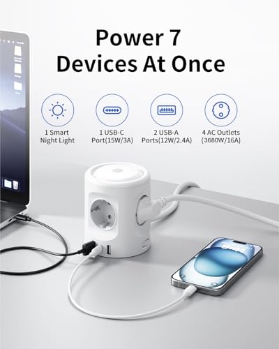 7-in-1 Socket Cube with 3 USB, 3680 W Multiple Socket with Switch, 4-Way Power Strip with Light, Multiple Plug, Surge Protection, USB Plug, Cube Extension Cable, 2 m for Office, White