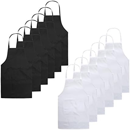 TSD STORY Total 12 PCS Plain Color Bib Apron Adult with 2 Front Pocket Black+White