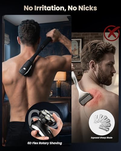 VIKICON Men's Back Razor: 2-in-1 Electric Body Razor with 6D Shaving Head, Folding Handle for Back Shaving, Waterproof Bodygroom for Body, Face, Head - Care Set for Men, Silver