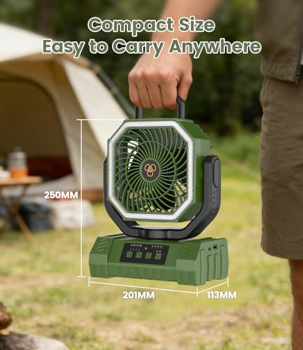 Portable Camping Fan with LED Light USB Rechargeable Fan 20000mAh - Battery Operated Silent Fan for Tent Travel Office Car - Mini Portable Fan with Hook and Base