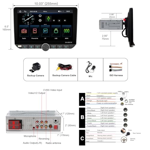 Alondy 1 DIN Car Radio with Rotating Touch Screen (10.1 Inches) Compatible with [Wireless] Apple CarPlay/Android Auto Bluetooth Rear View Camera AM/FM RDS Radio USB-C