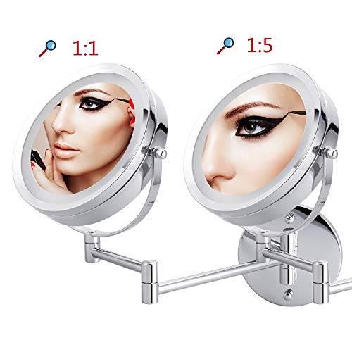 LED Double-Sided Magnifying Makeup Mirror, 6.7" Diameter 1X/5X Adjustable Magnification Led Cosmetic Mirror Wall Mounted, 360° Rotating Function, Lighted Vanity Mirror, Chrome Extendable Swivel Mirror - Thumbnail 3