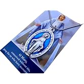 Large Blue Enamel Miraculous Medal, 18" Stainless Steel Snake Chain Miraculous Necklace, Our Lady of Grace Medal, Medal Measures 1 3/4 inch, Comes with Prayer Card
