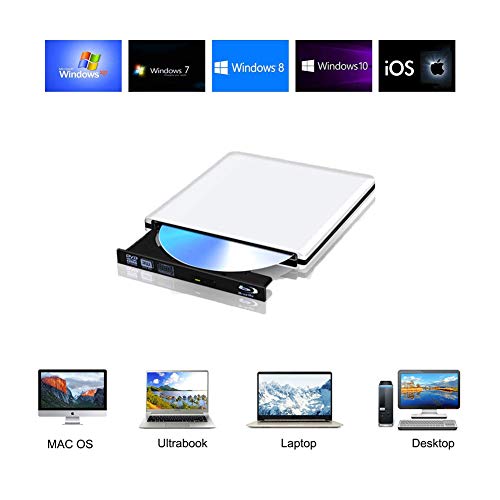 Blu Ray Drive External, Blu-ray Player USB 3.0 DVD CD RAM Burner Play 3D 4K Disk CD Re-Writer Ultra-Slim Portable Compatible for Notebook Mac Book OS Windows 7 8 10 PC (Sliver)