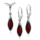 Sterling Silver Red Dark Amber Set Marquise Drop Leverback Earrings Necklace 18 Inches