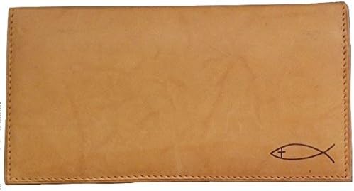 Men's Women's Christian Jesus Fish Cross Brown Tan Black GENUINE LEATHER Checkbook Cover Organizer WALLET