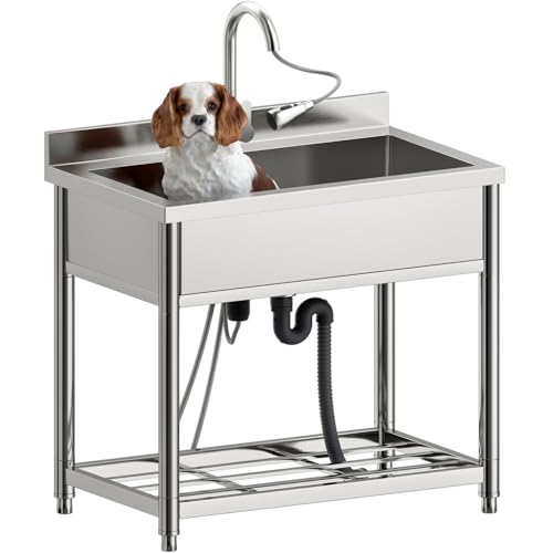 Vockol Large Stainless Steel Freestanding Sink, 90 cm Kitchen Sink with Pull Out Faucet, Freestanding Sink for Outdoor, Kitchen, Restaurant, Garage, Laundry Room, Jardi