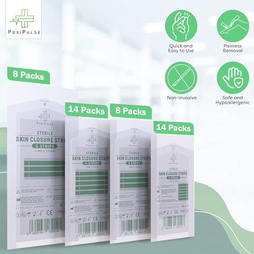 Posi Pulse Sterile Skin Wound Closure Strips. 202 Strips in 44 Packs - Improved Healing, Reinforced Design, Latex-Free, Adhesive Backed, for Lacerations, Incisions, Sutures, 3x75,6x38,6x75,12x100mm