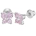 Rhodium Plated Pink CZ Butterfly Safety Screw Back Earrings for Babies, Infants, Toddlers, and Little Girls 5mm - Stunning Everyday Butterfly Safety Stud Earrings for Young Girls
