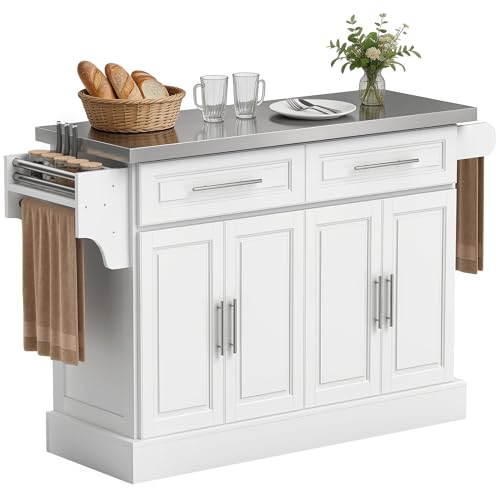 HOMCOM Kitchen Island with 47" Stainless Steel Top, Rolling Kitchen Cart on Wheels with 2 Drawers, 2 Cabinets, Towel & Knife & Spice Rack, White