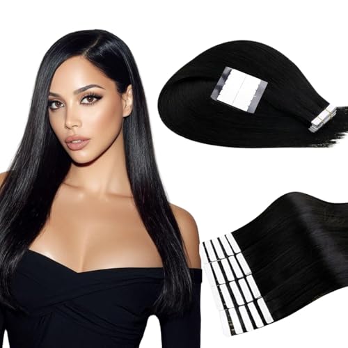 RUNATURE Black Adhesive Extensions Natural Hair Extensions Human Hair Black Adhesive Extensions Natural Hair Straight 30 Inches/75 cm 20pcs/50g #1