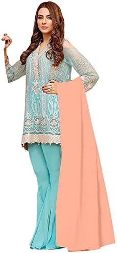 Hautewagon Women's Pakistani Style Faux Georgette Suit With Chiffon Dupatta Free Size Blue