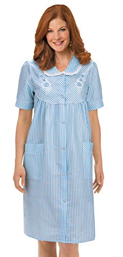 Collections Etc Gingham Robe with Floral Accents, Snap-Front Closure and Lace Trim