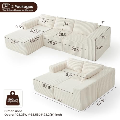 Fantico 108" Modular Sectional Sofa - Premium Cream Corduroy, Cloud-Like Foam & Anti-Slip Design | Effortless Setup for Living Room & Apartment