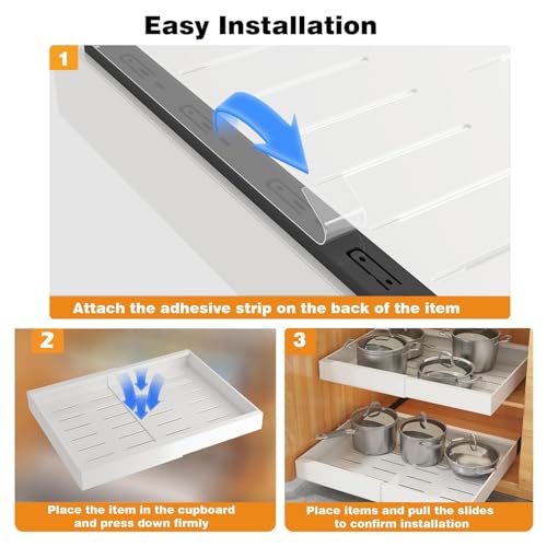 Fohome Expandable Pull out Cabinet Organizer, Expandable Sliding Pull Out Drawers White, Slide out Cabinet Organizer Drawer Storage for Kitchen, Living Room, Home, Adjustable Width 32cm to 52 cm White