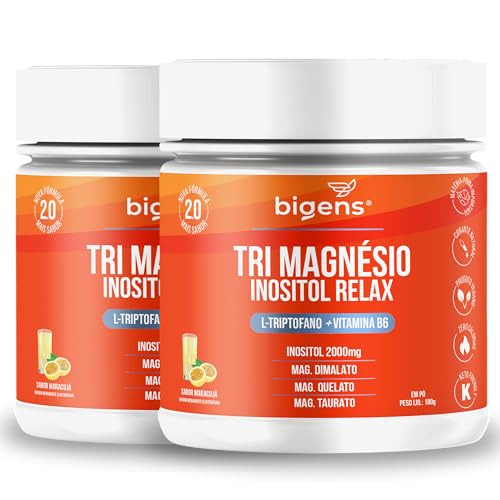 Bigens Tri Magnésio (Dimalato, Quelato, Taurato) Inositol Relax, Triptofano, B6, Sabor Maracujá, Kit 2x 180g