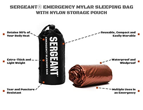 SERGEANT Emergency Sleeping Bag, Extra-Thick, Lightweight, Military Grade. Use as Emergency Bivy Sack, Survival Sleeping Bag, Mylar Emergency Blanket. Perfect for Survival Kits and Go Bags.
