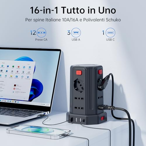 Power Strip 3 m with 12 Universal Sockets 10/16A ITA and Schuko and 3 USB A+1 USB C Overvoltage Protection with 4 Independent Switches, Black