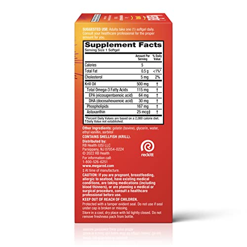 MEGARED ANTARCTIC KRILL OIL 500MG OMEGA 3 FATTY ACID SUPPLEMENT, EXTRA STRENGTH EPA & DHA KRILL OIL SOFTGELS (90CNT BOX), ASTAXANTHIN, HEART HEALTH SUPPLEMENT WITH NO FISH OIL AFTERTASTE