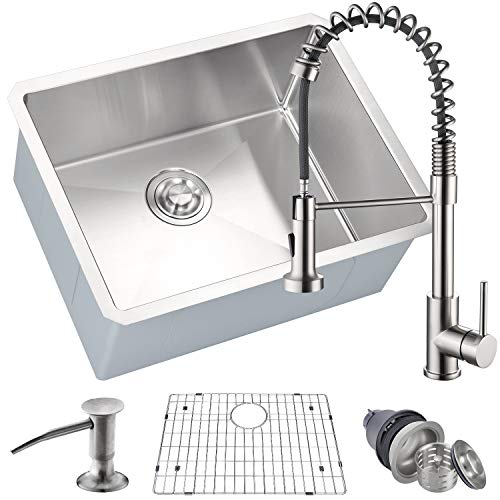 MOWA HMU2318F 23 Inch Undermount 16 Gauge Stainless Steel Bar Prep Kitchen Sink, 10-inch Deep Laundry Sink w/Basket Strainer & Protection Grid + Brushed Nickel Pull-down Faucet Combo